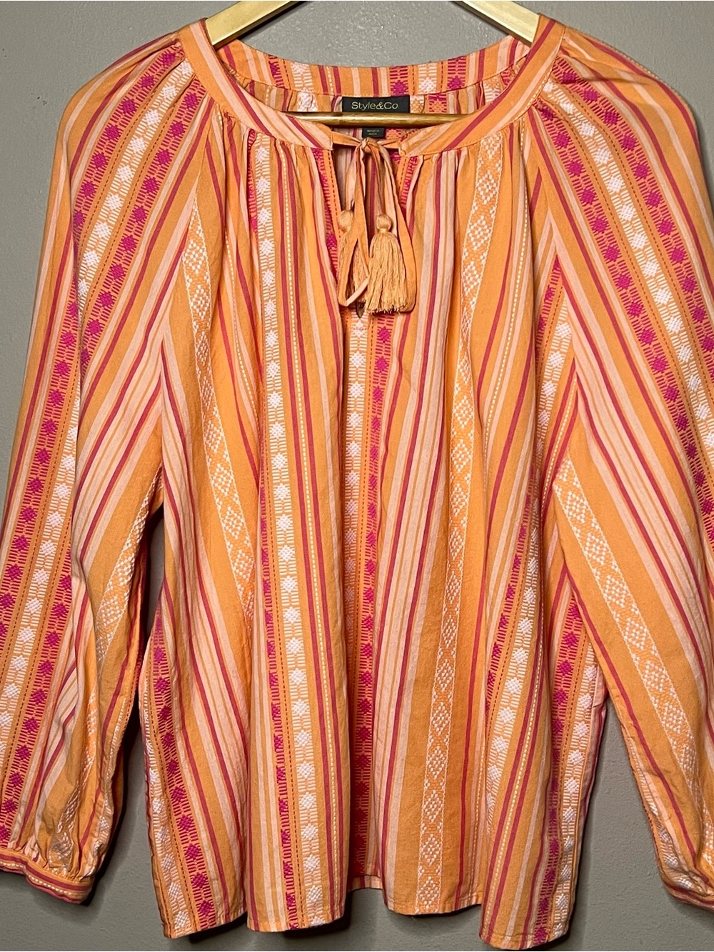 Style & Co. Mountain Stripe Peasant Blouse Women Large Orange Pink Boho Chic